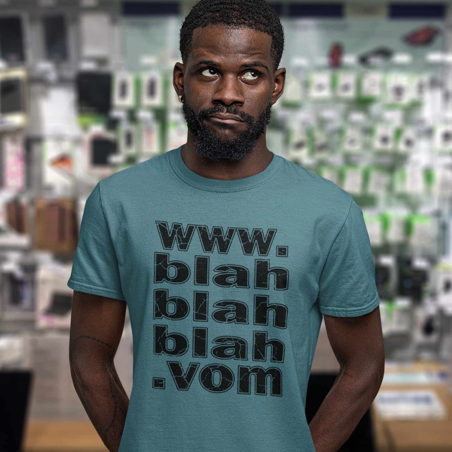 Man wearing a stargazer t-shirt with text in a store setting. A non conformist t shirt for those who are bored and sickened by how much of their world exists through the internet nowadays. Show how unimpressed you are with this nonconformist t-shirt design. Made from 100% organic ring-spun cotton, this social awareness t shirt is unisex, high-quality, super comfy, and best of all, eco-friendly.