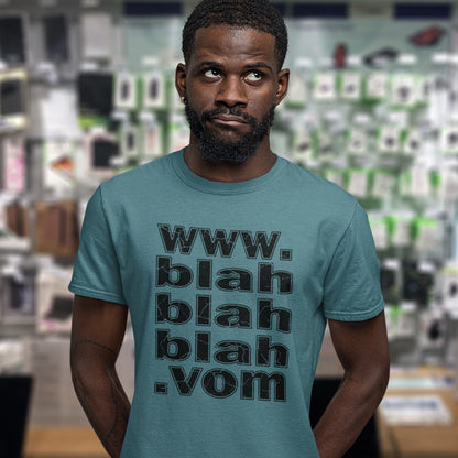 Man wearing a stargazer t-shirt with text in a store setting. A non conformist t shirt for those who are bored and sickened by how much of their world exists through the internet nowadays. Show how unimpressed you are with this nonconformist t-shirt design. Made from 100% organic ring-spun cotton, this social awareness t shirt is unisex, high-quality, super comfy, and best of all, eco-friendly.