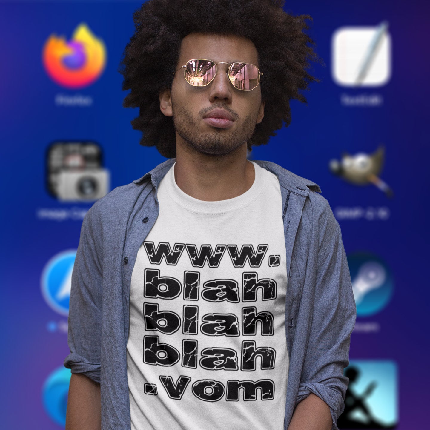 Person wearing a t-shirt with text in front of a colourful background with app icons. A non conformist t shirt for those who are bored and sickened by how much of their world exists through the internet nowadays. Show how unimpressed you are with this nonconformist t-shirt design. Made from 100% organic ring-spun cotton, this social awareness t shirt is unisex, high-quality, super comfy, and best of all, eco-friendly.