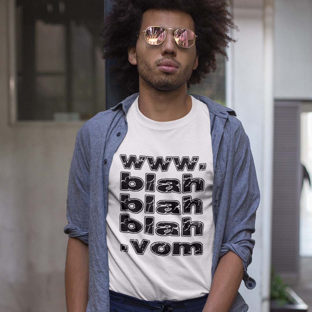 A man in sunglasses wearing a white t-shirt with "www.blahblahblah.vom" text design.