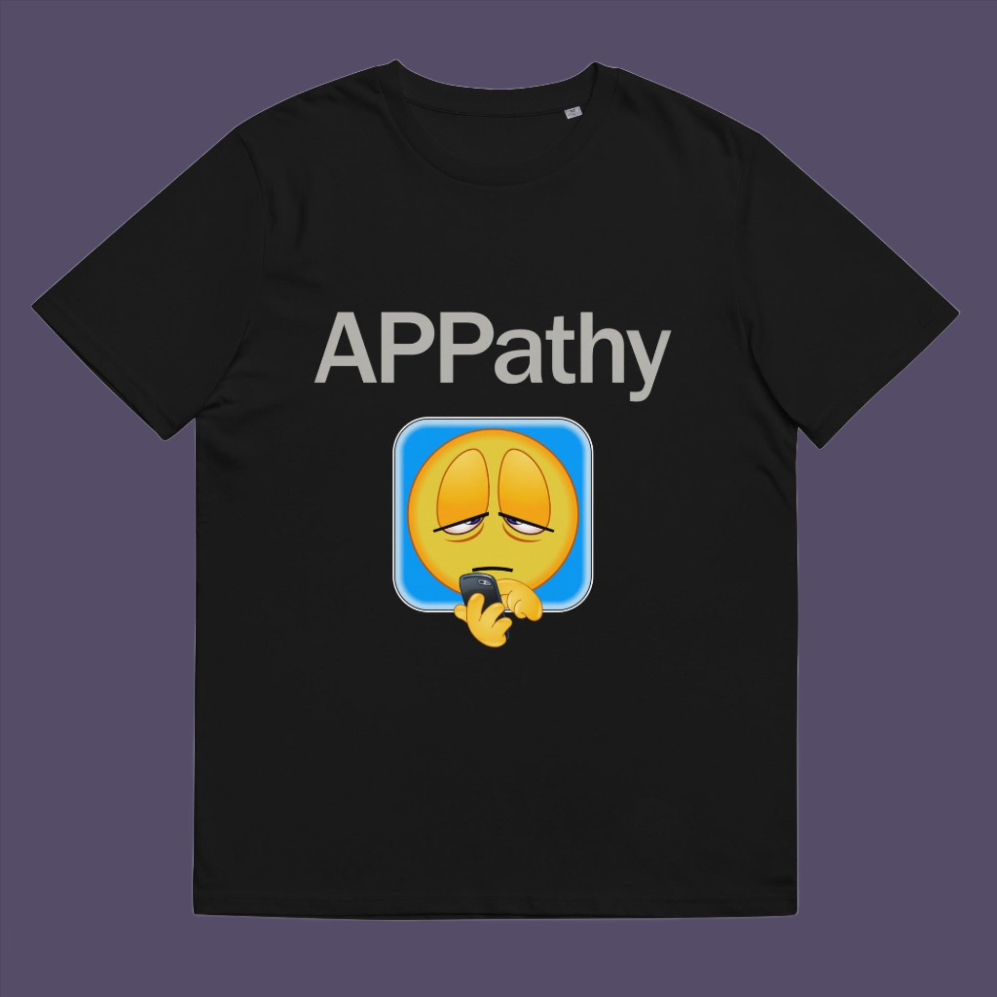 Black t-shirt. A witty emoji t-shirt promotes social awareness of the amount of apps we now need in modern society. This unique emoji t-shirt design is for everyone who doesn't feel they are a child of the mobile phone. Made from 100% organic ring-spun cotton, this alternative emoji t-shirt is unisex, high-quality, super comfy, and best of all, eco-friendly.