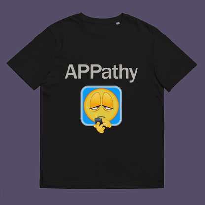 Black t-shirt. A witty emoji t-shirt promotes social awareness of the amount of apps we now need in modern society. This unique emoji t-shirt design is for everyone who doesn't feel they are a child of the mobile phone. Made from 100% organic ring-spun cotton, this alternative emoji t-shirt is unisex, high-quality, super comfy, and best of all, eco-friendly.