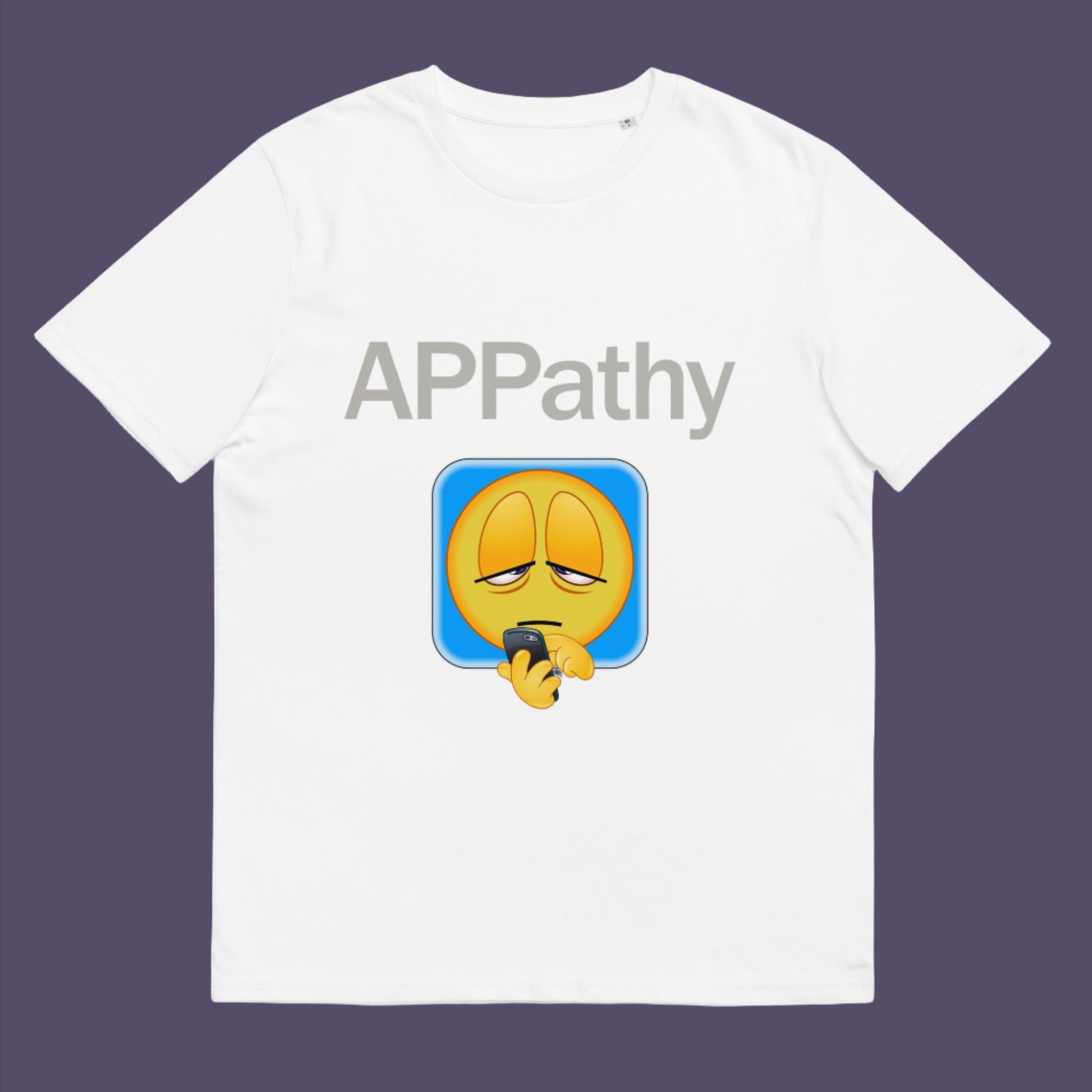White t-shirt. A witty emoji t-shirt promotes social awareness of the amount of apps we now need in modern society. This unique emoji t-shirt design is for everyone who doesn't feel they are a child of the mobile phone. Made from 100% organic ring-spun cotton, this alternative emoji t-shirt is unisex, high-quality, super comfy, and best of all, eco-friendly.