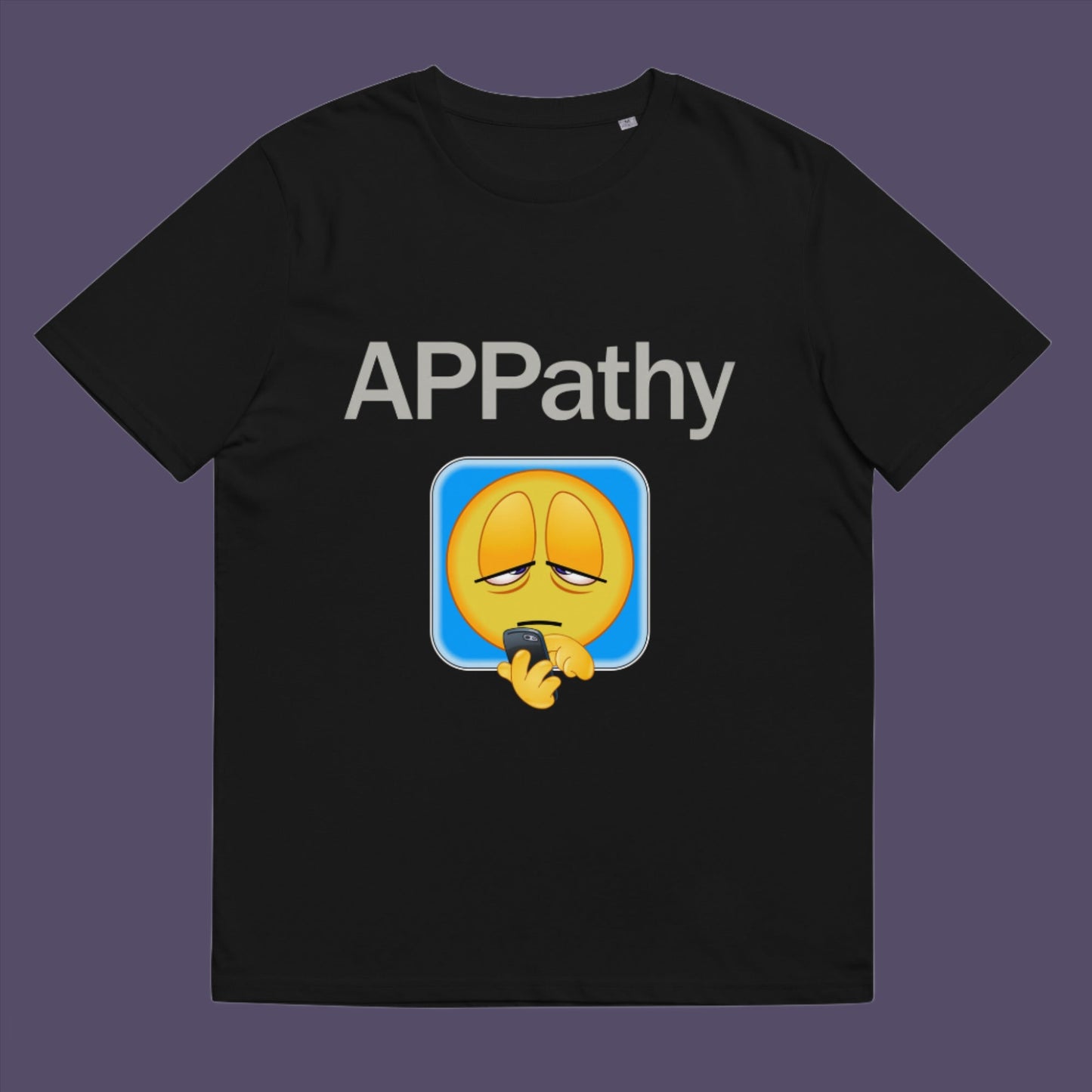 Black t-shirt. This anti mobile phone abuse t shirt promotes social awareness of the amount of apps we now need in modern society. This unique emoji t-shirt design is for everyone who doesn't feel they are a child of the mobile phone. Made from 100% organic ring-spun cotton, this anti smart phone abuse t shirt is unisex, high-quality, super comfy, and best of all, eco-friendly.