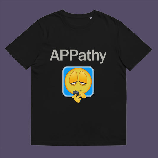 Black t-shirt. This anti mobile phone abuse t shirt promotes social awareness of the amount of apps we now need in modern society. This unique emoji t-shirt design is for everyone who doesn't feel they are a child of the mobile phone. Made from 100% organic ring-spun cotton, this anti smart phone abuse t shirt is unisex, high-quality, super comfy, and best of all, eco-friendly.