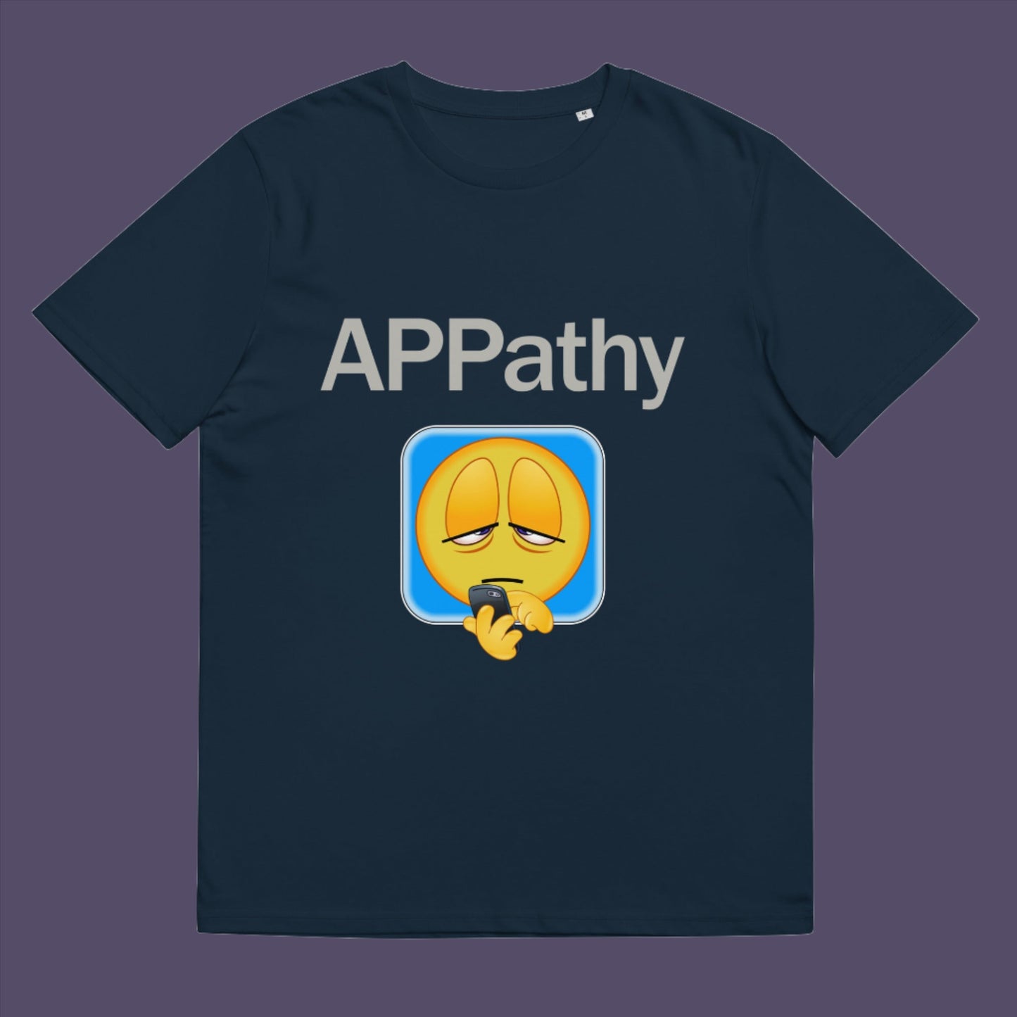 French navy t-shirt. This anti mobile phone abuse t shirt promotes social awareness of the amount of apps we now need in modern society. This unique emoji t-shirt design is for everyone who doesn't feel they are a child of the mobile phone. Made from 100% organic ring-spun cotton, this anti smart phone abuse t shirt is unisex, high-quality, super comfy, and best of all, eco-friendly.