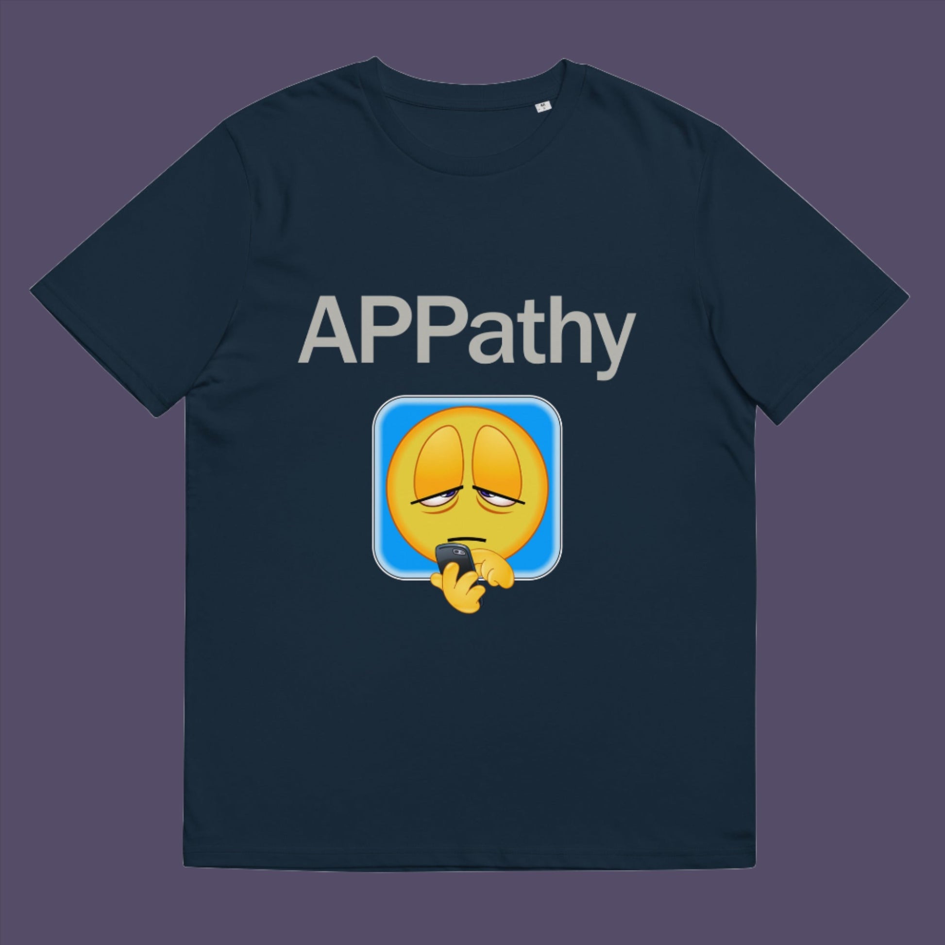 French navy t-shirt. This anti mobile phone abuse t shirt promotes social awareness of the amount of apps we now need in modern society. This unique emoji t-shirt design is for everyone who doesn't feel they are a child of the mobile phone. Made from 100% organic ring-spun cotton, this anti smart phone abuse t shirt is unisex, high-quality, super comfy, and best of all, eco-friendly.