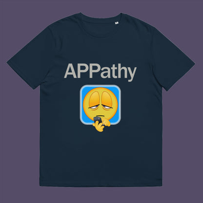 French navy t-shirt. This anti mobile phone abuse t shirt promotes social awareness of the amount of apps we now need in modern society. This unique emoji t-shirt design is for everyone who doesn't feel they are a child of the mobile phone. Made from 100% organic ring-spun cotton, this anti smart phone abuse t shirt is unisex, high-quality, super comfy, and best of all, eco-friendly.