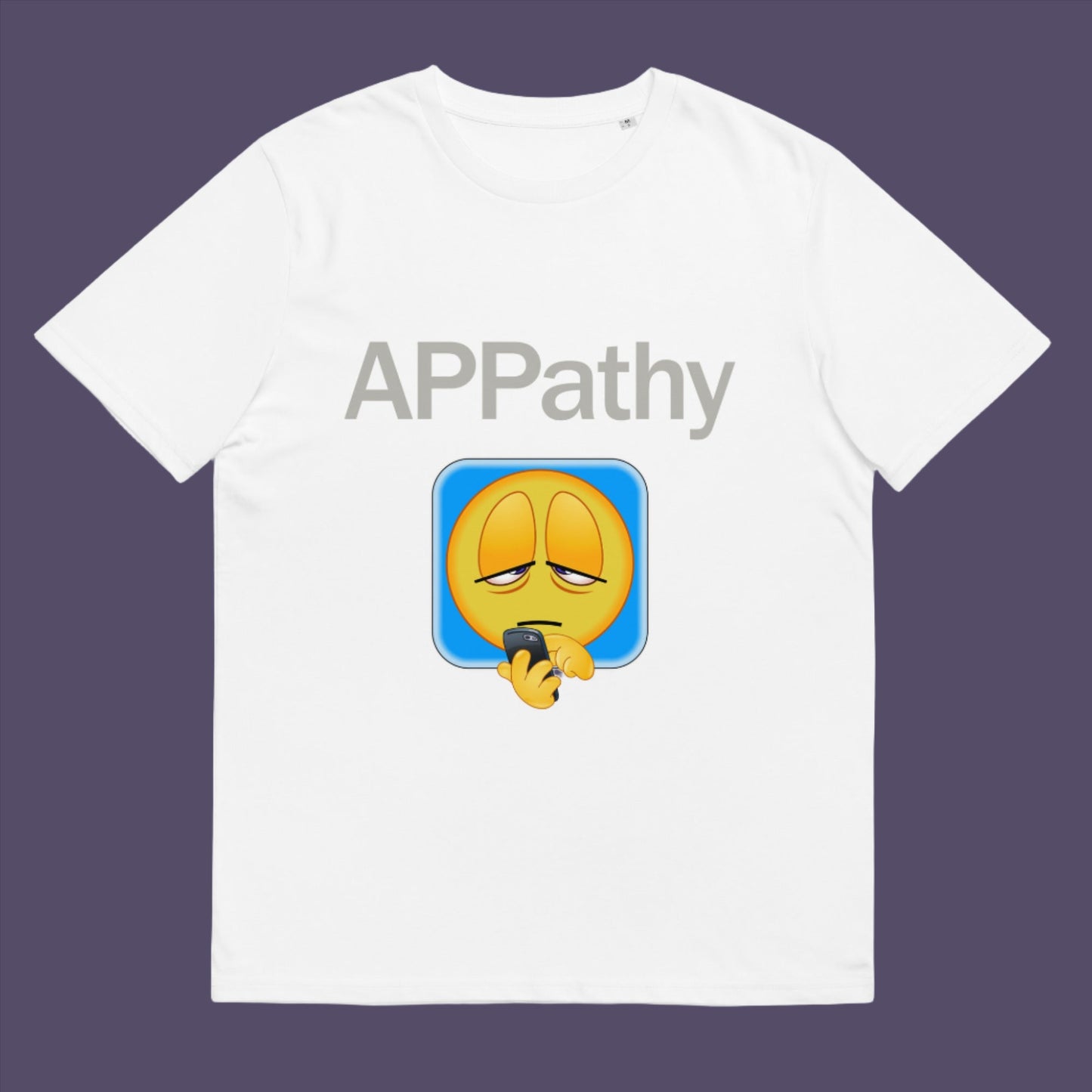 White t-shirt. This anti mobile phone abuse t shirt promotes social awareness of the amount of apps we now need in modern society. This unique emoji t-shirt design is for everyone who doesn't feel they are a child of the mobile phone. Made from 100% organic ring-spun cotton, this anti smart phone abuse t shirt is unisex, high-quality, super comfy, and best of all, eco-friendly.