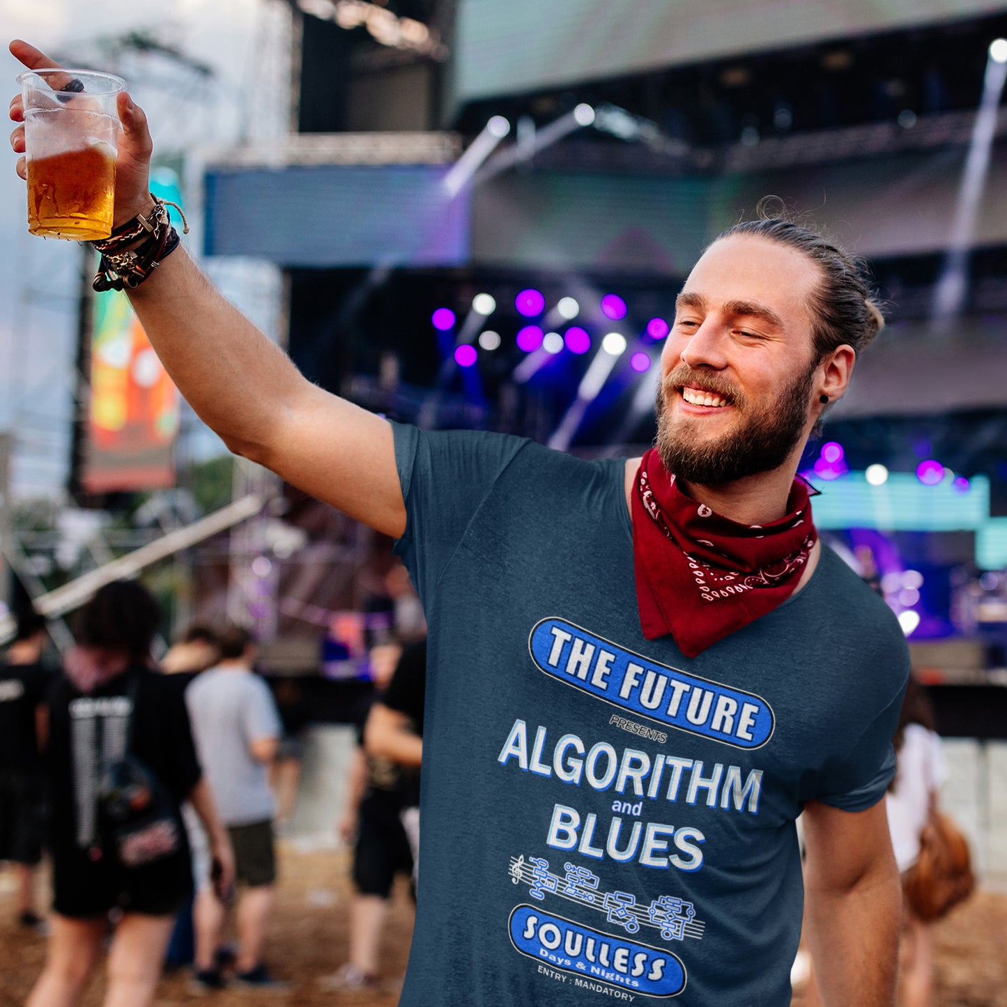 This design is a play on an old music poster and a joke of what the future may hold in a world that is decided on algorithms  Made from 100% organic ring-spun cotton, this unisex t-shirt is a total must-have. It's high-quality, super comfy, and best of all—eco-friendly.