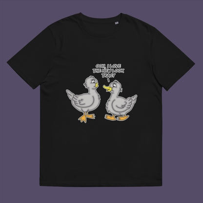 Black t-shirt. A social issues t shirt design mocking the idea of lip fillers. In a alternative reality are ducks having surgery to make their lips look like humans ? Counterculture cartoon. Made from 100% organic ring-spun cotton, this social awareness t shirt is unisex, high-quality, super comfy, and best of all, eco-friendly.