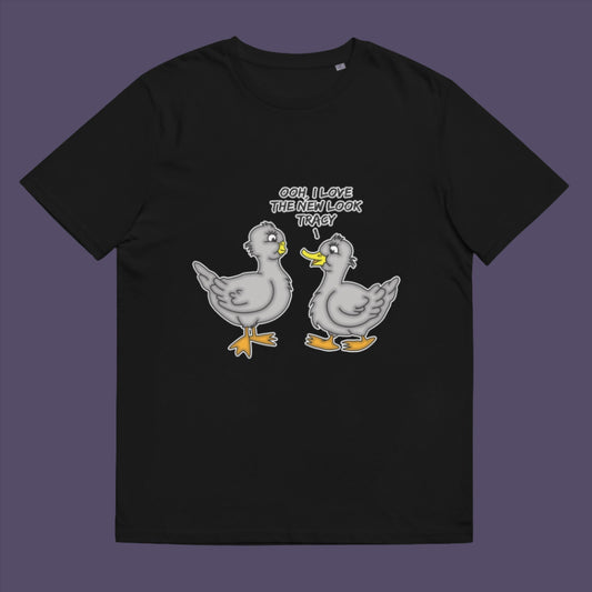 Black t-shirt. A social issues t shirt design mocking the idea of lip fillers. In a alternative reality are ducks having surgery to make their lips look like humans ? Counterculture cartoon. Made from 100% organic ring-spun cotton, this social awareness t shirt is unisex, high-quality, super comfy, and best of all, eco-friendly.