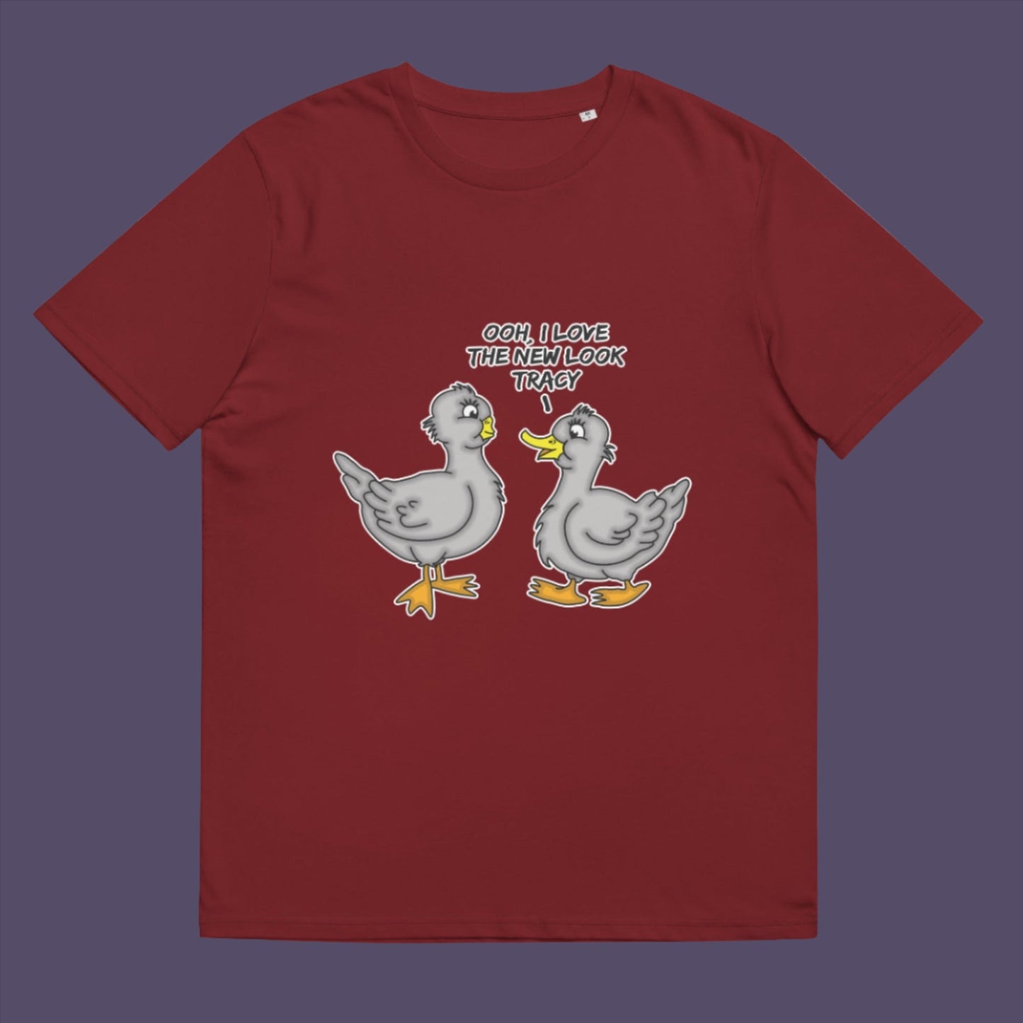 Burgundy t-shirt. A social issues t shirt design mocking the idea of lip fillers. In a alternative reality are ducks having surgery to make their lips look like humans ? Counterculture cartoon. Made from 100% organic ring-spun cotton, this social awareness t shirt is unisex, high-quality, super comfy, and best of all, eco-friendly.