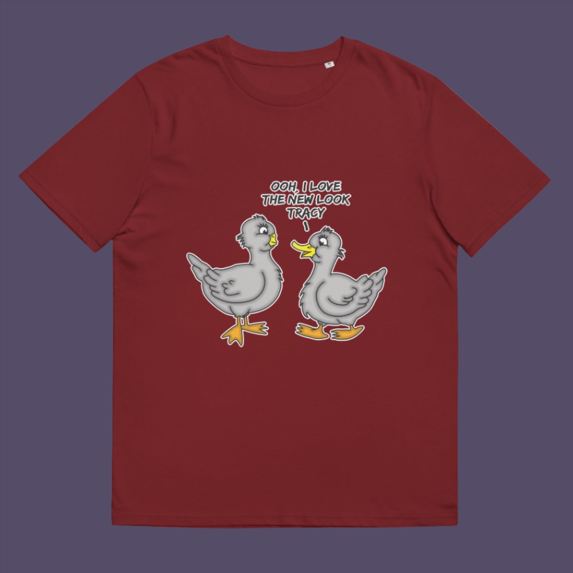 Burgundy t-shirt. A social issues t shirt design mocking the idea of lip fillers. In a alternative reality are ducks having surgery to make their lips look like humans ? Counterculture cartoon. Made from 100% organic ring-spun cotton, this social awareness t shirt is unisex, high-quality, super comfy, and best of all, eco-friendly.