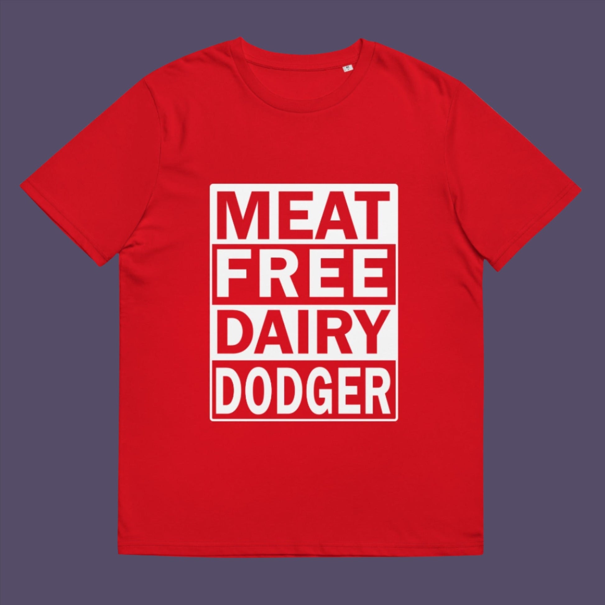 Red t-shirt. A vegan meat free t shirt promoting a witty alternative to the 'vegan' label. Never mind 'plant based' as a new label for vegan . This is straight off the streets of East London. Made from 100% organic ring-spun cotton, this vegan dairy free t shirt is unisex, high-quality, super comfy, and best of all, eco-friendly.