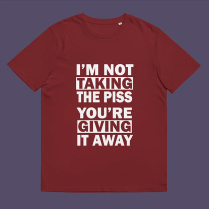 Burgundy t-shirt. A clever slogan t shirt design suggesting some people just set themselves up to be laughed at. Light hearted banter between friends , "No offence intended mate". Made from 100% organic ring-spun cotton, this sarcastic slogan t shirt is unisex, high-quality, super comfy, and best of all, eco-friendly.