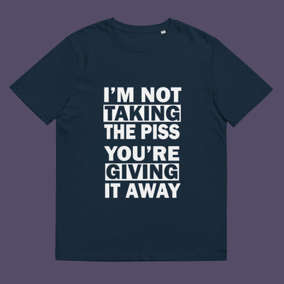 French navy t-shirt. A clever slogan t shirt design suggesting some people just set themselves up to be laughed at. Light hearted banter between friends , "No offence intended mate". Made from 100% organic ring-spun cotton, this sarcastic slogan t shirt is unisex, high-quality, super comfy, and best of all, eco-friendly.