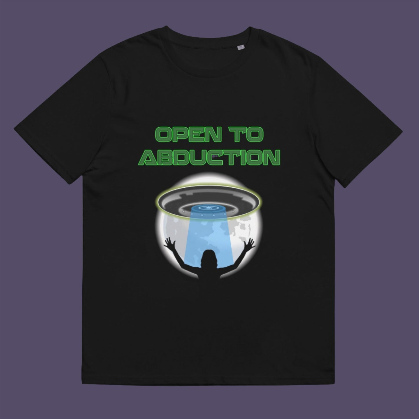 Black t-shirt. A funny alien abduction t-shirt design for those who feel a distance forming between them and the rest of the human race, and are not too impressed with our lack of effort to save the planet. This unique alien t-shirt design is for all those who are open to hitching a lift off this rock. This design depicts a woman open to abduction. Made from 100% organic ring-spun cotton, this alien abduction t-shirt is unisex, high-quality, super comfy, and best of all, eco-friendly.