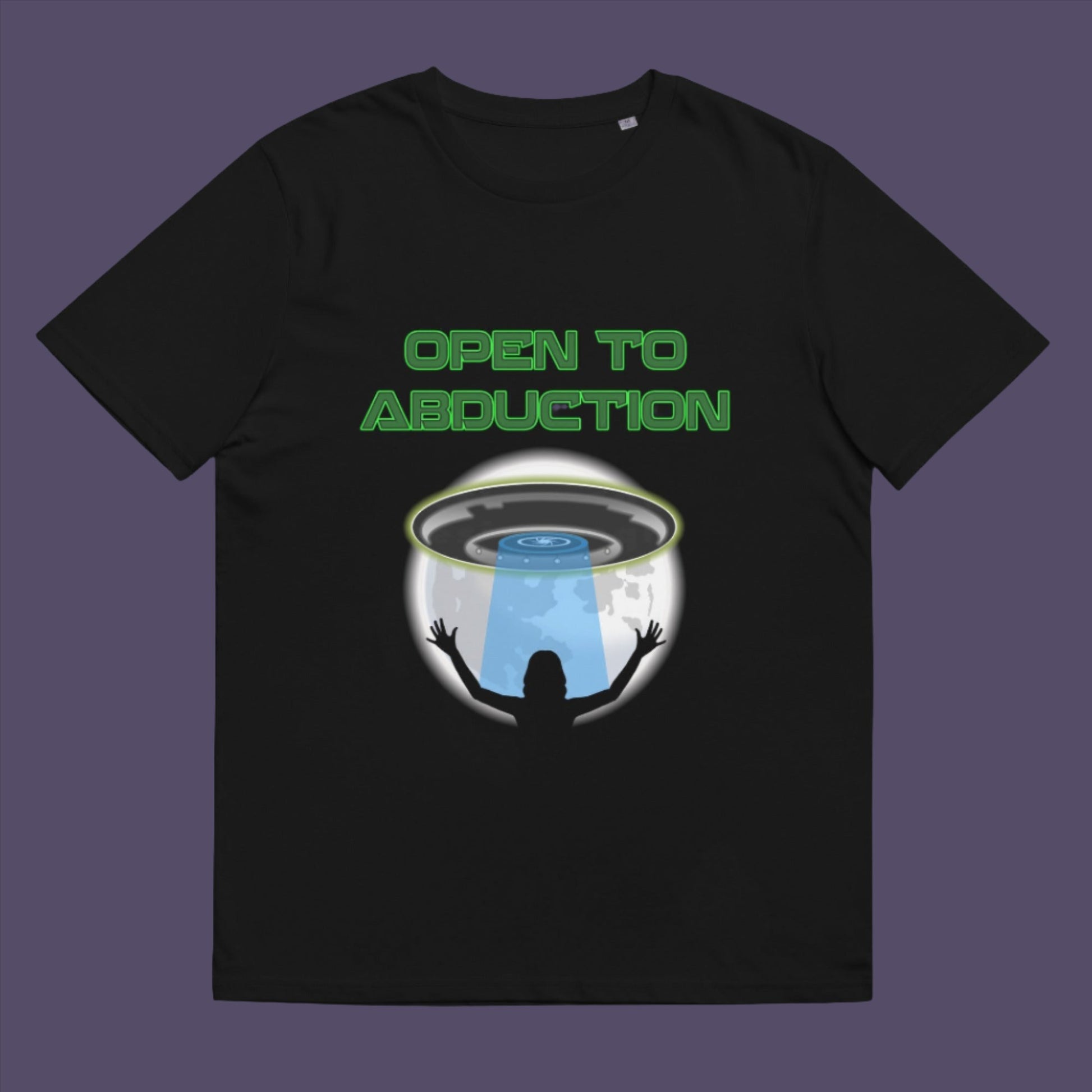 Black t-shirt. A funny alien abduction t-shirt design for those who feel a distance forming between them and the rest of the human race, and are not too impressed with our lack of effort to save the planet. This unique alien t-shirt design is for all those who are open to hitching a lift off this rock. This design depicts a woman open to abduction. Made from 100% organic ring-spun cotton, this alien abduction t-shirt is unisex, high-quality, super comfy, and best of all, eco-friendly.
