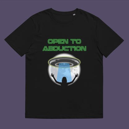 Black t-shirt. A funny alien abduction t-shirt design for those who feel a distance forming between them and the rest of the human race, and are not too impressed with our lack of effort to save the planet. This unique alien t-shirt design is for all those who are open to hitching a lift off this rock. This design depicts a woman open to abduction. Made from 100% organic ring-spun cotton, this alien abduction t-shirt is unisex, high-quality, super comfy, and best of all, eco-friendly.