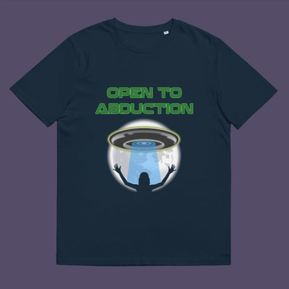 French navy t-shirt. A funny alien abduction t-shirt design for those who feel a distance forming between them and the rest of the human race, and are not too impressed with our lack of effort to save the planet. This unique alien t-shirt design is for all those who are open to hitching a lift off this rock. This design depicts a woman open to abduction. Made from 100% organic ring-spun cotton, this alien abduction t-shirt is unisex, high-quality, super comfy, and best of all, eco-friendly.