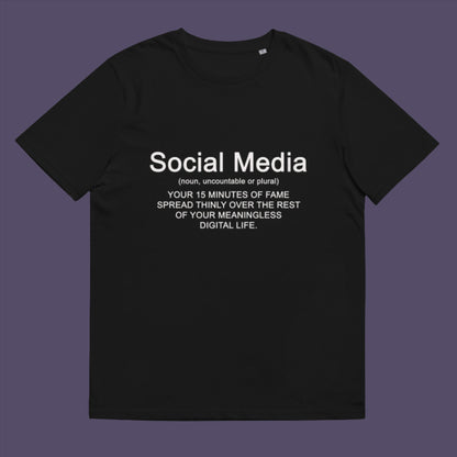 Black t-shirt. An anti social media t shirt with a humorous definition. A sarcastic slogan t shirt design for those who still have a real life and consider 'community' to be something you can touch and walk around. Made from 100% organic ring-spun cotton, this anti social media t shirt is unisex, high-quality, super comfy, and best of all, eco-friendly.