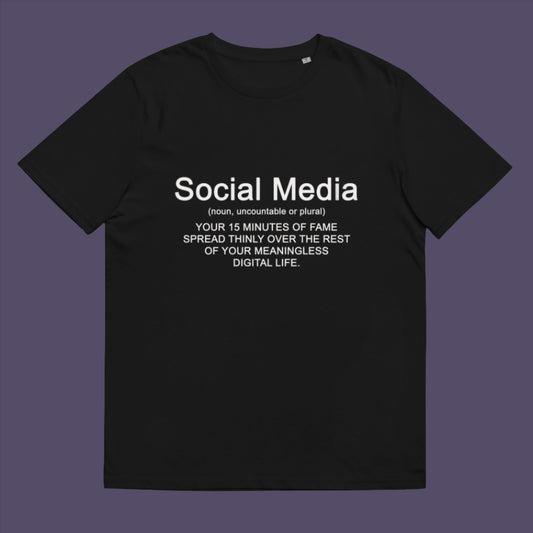 Black t-shirt. An anti social media t shirt with a humorous definition. A sarcastic slogan t shirt design for those who still have a real life and consider 'community' to be something you can touch and walk around. Made from 100% organic ring-spun cotton, this anti social media t shirt is unisex, high-quality, super comfy, and best of all, eco-friendly.