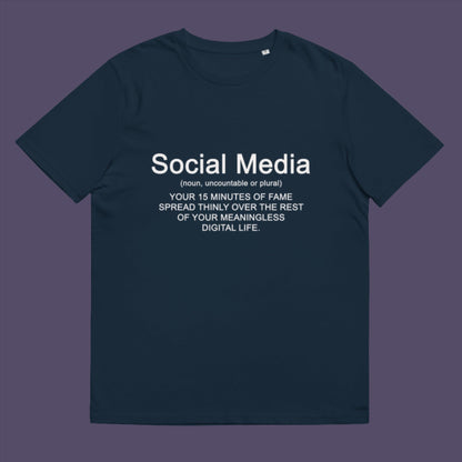 French navy t-shirt. An anti social media t shirt with a humorous definition. A sarcastic slogan t shirt design for those who still have a real life and consider 'community' to be something you can touch and walk around. Made from 100% organic ring-spun cotton, this anti social media t shirt is unisex, high-quality, super comfy, and best of all, eco-friendly.