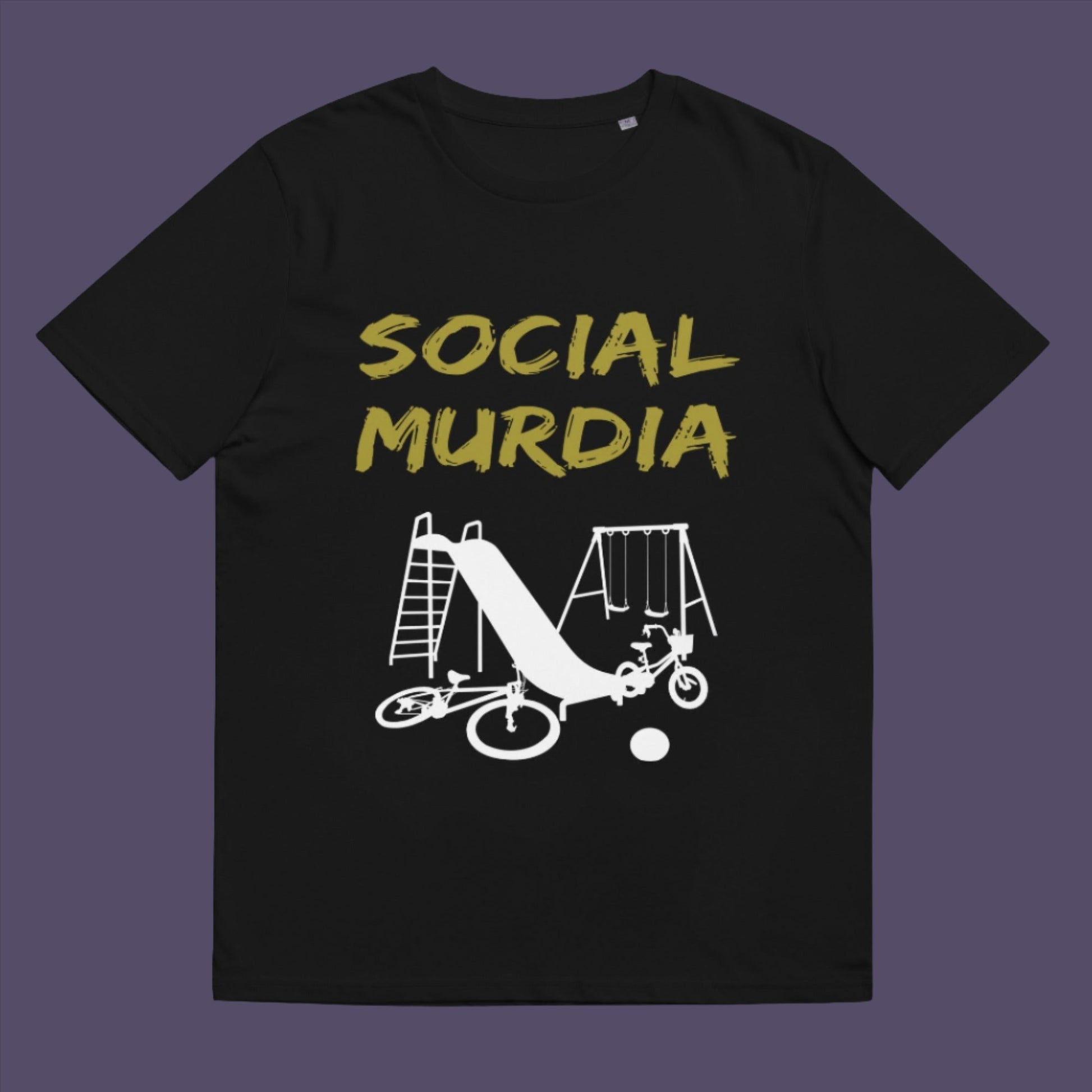 Black t-shirt. This counterculture t-shirt promoting social awareness of the effect of social media on our children. A unique design depicting how social media is probably murdering our society and leaving our playgrounds empty. Made from 100% organic ring-spun cotton, this anti-mobile phone t-shirt is unisex, high-quality, super comfy, and best of all, eco-friendly.