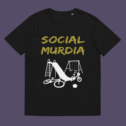 Black t-shirt. This counterculture t-shirt promoting social awareness of the effect of social media on our children. A unique design depicting how social media is probably murdering our society and leaving our playgrounds empty. Made from 100% organic ring-spun cotton, this anti-mobile phone t-shirt is unisex, high-quality, super comfy, and best of all, eco-friendly.