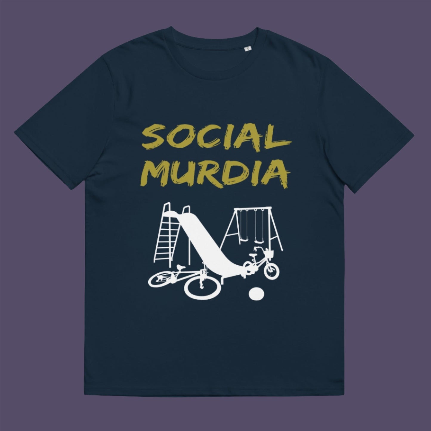 French navy t-shirt. This counterculture t-shirt promoting social awareness of the effect of social media on our children. A unique design depicting how social media is probably murdering our society and leaving our playgrounds empty. Made from 100% organic ring-spun cotton, this anti-mobile phone t-shirt is unisex, high-quality, super comfy, and best of all, eco-friendly.