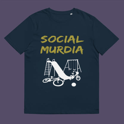 French navy t-shirt. This counterculture t-shirt promoting social awareness of the effect of social media on our children. A unique design depicting how social media is probably murdering our society and leaving our playgrounds empty. Made from 100% organic ring-spun cotton, this anti-mobile phone t-shirt is unisex, high-quality, super comfy, and best of all, eco-friendly.