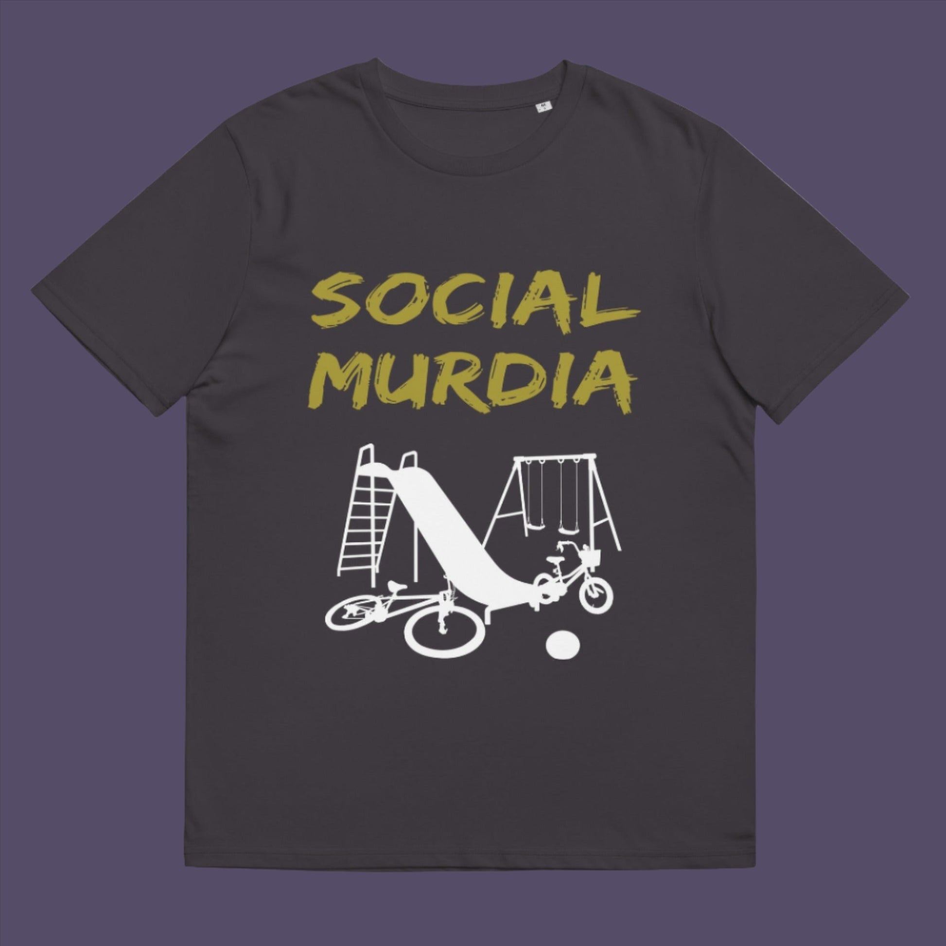 Anthracite t-shirt. This anti mobile phone abuse t shirt promoting social awareness of the effect of social media on our children. A unique design depicting how social media is probably murdering our society and leaving our playgrounds empty. Made from 100% organic ring-spun cotton, this anti social media t shirt is unisex, high-quality, super comfy, and best of all, eco-friendly.