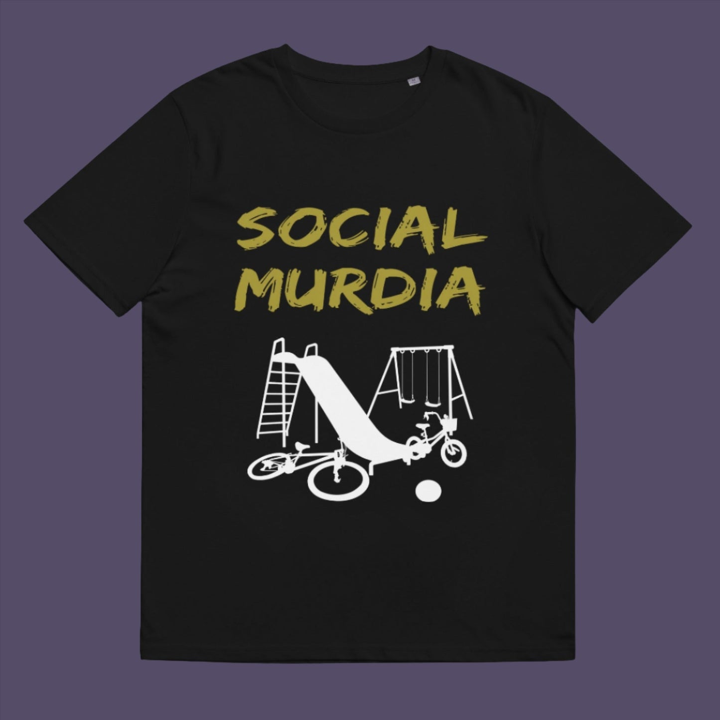 Black t-shirt. This anti mobile phone abuse t shirt promoting social awareness of the effect of social media on our children. A unique design depicting how social media is probably murdering our society and leaving our playgrounds empty. Made from 100% organic ring-spun cotton, this anti social media t shirt is unisex, high-quality, super comfy, and best of all, eco-friendly.