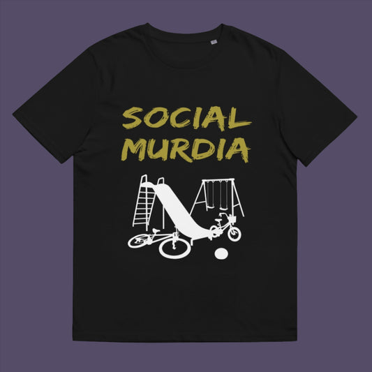 Black t-shirt. This anti mobile phone abuse t shirt promoting social awareness of the effect of social media on our children. A unique design depicting how social media is probably murdering our society and leaving our playgrounds empty. Made from 100% organic ring-spun cotton, this anti social media t shirt is unisex, high-quality, super comfy, and best of all, eco-friendly.