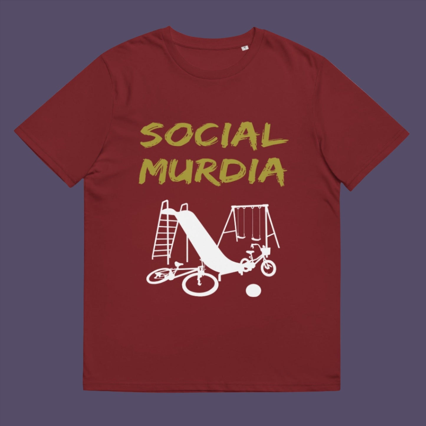 Burgundy t-shirt. This anti mobile phone abuse t shirt promoting social awareness of the effect of social media on our children. A unique design depicting how social media is probably murdering our society and leaving our playgrounds empty. Made from 100% organic ring-spun cotton, this anti social media t shirt is unisex, high-quality, super comfy, and best of all, eco-friendly.