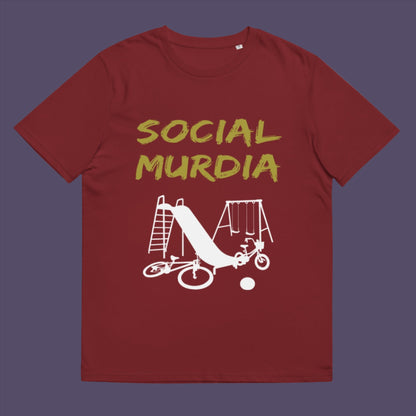 Burgundy t-shirt. This anti mobile phone abuse t shirt promoting social awareness of the effect of social media on our children. A unique design depicting how social media is probably murdering our society and leaving our playgrounds empty. Made from 100% organic ring-spun cotton, this anti social media t shirt is unisex, high-quality, super comfy, and best of all, eco-friendly.