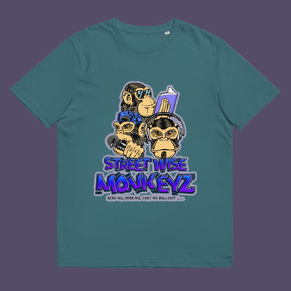 Stargazer t-shirt. A street art graffiti t-shirt design depicting a modern slant on the three wise monkeys. It's time to be street wise. Hear and see everything and have your say. The time for ignorance is over. Made from 100% organic ring-spun cotton, this street art t-shirt is unisex, high-quality, super comfy, and best of all, eco-friendly.