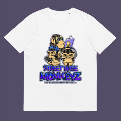 White t-shirt. A street art graffiti t-shirt design depicting a modern slant on the three wise monkeys. It's time to be street wise. Hear and see everything and have your say. The time for ignorance is over. Made from 100% organic ring-spun cotton, this street art t-shirt is unisex, high-quality, super comfy, and best of all, eco-friendly.