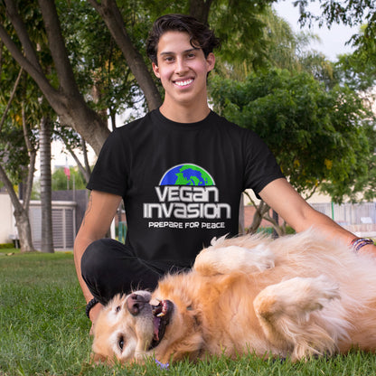 Vegan Invasion , Prepare For Peace. There are more and more people turning vegan these days, maybe there's peace on the horizon.  Made from 100% organic ring-spun cotton, this unisex t-shirt is a total must-have. It's high-quality, super comfy, and best of all—eco-friendly.
