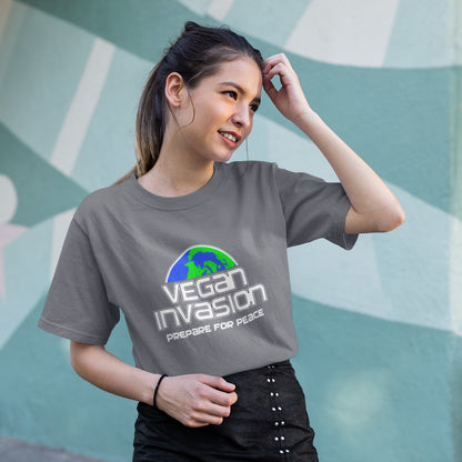 Vegan Invasion , Prepare For Peace. There are more and more people turning vegan these days, maybe there's peace on the horizon.  Made from 100% organic ring-spun cotton, this unisex t-shirt is a total must-have. It's high-quality, super comfy, and best of all—eco-friendly.