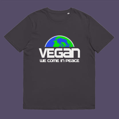 Anthracite t-shirt. This vegan t-shirt design is for any vegan who feels like they are seen as an alien by others. Reassure people that you are a peaceful creature and want to save the planet. Made from 100% organic ring-spun cotton, this plant based t-shirt is unisex, high-quality, super comfy, and best of all, eco-friendly.