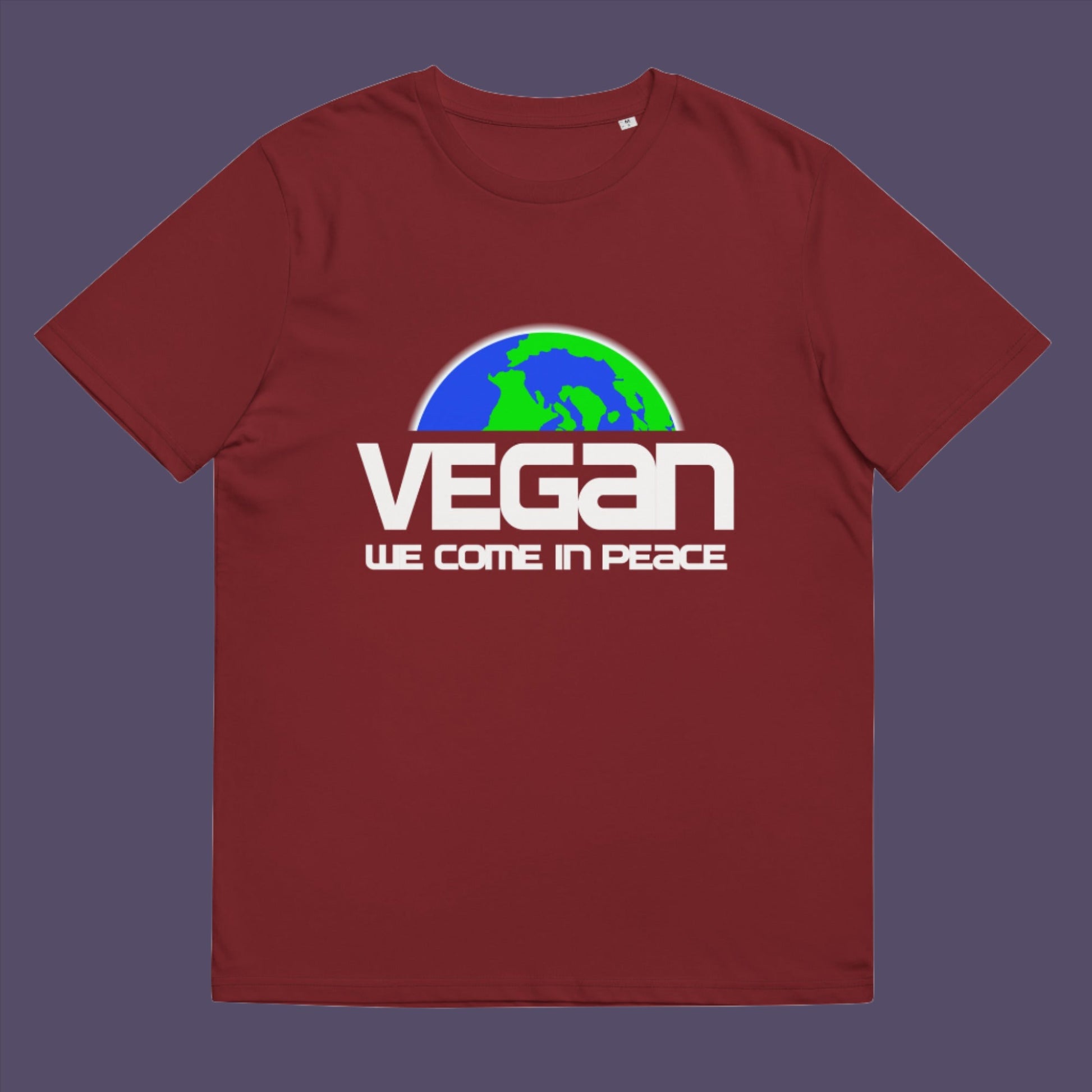 Burgundy t-shirt. This vegan t-shirt design is for any vegan who feels like they are seen as an alien by others. Reassure people that you are a peaceful creature and want to save the planet. Made from 100% organic ring-spun cotton, this plant based t-shirt is unisex, high-quality, super comfy, and best of all, eco-friendly.