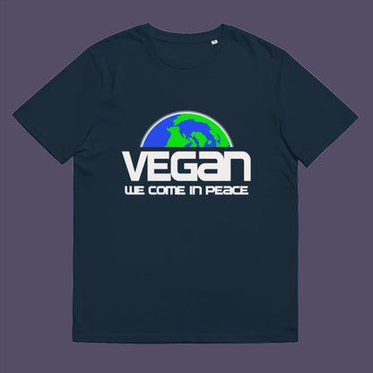 French navy t-shirt. This vegan t-shirt design is for any vegan who feels like they are seen as an alien by others. Reassure people that you are a peaceful creature and want to save the planet. Made from 100% organic ring-spun cotton, this plant based t-shirt is unisex, high-quality, super comfy, and best of all, eco-friendly.