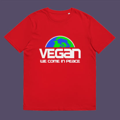 Red t-shirt. This vegan t-shirt design is for any vegan who feels like they are seen as an alien by others. Reassure people that you are a peaceful creature and want to save the planet. Made from 100% organic ring-spun cotton, this plant based t-shirt is unisex, high-quality, super comfy, and best of all, eco-friendly.