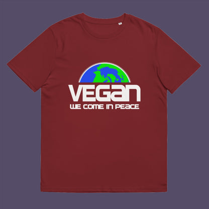 Burgundy t-shirt.  This vegan dairy free t shirt design is for any vegan who feels like they are seen as an alien by others. Reassure people that you are a peaceful creature and want to save the planet. Made from 100% organic ring-spun cotton, this plant based meat free t shirt is unisex, high-quality, super comfy, and best of all, eco-friendly.