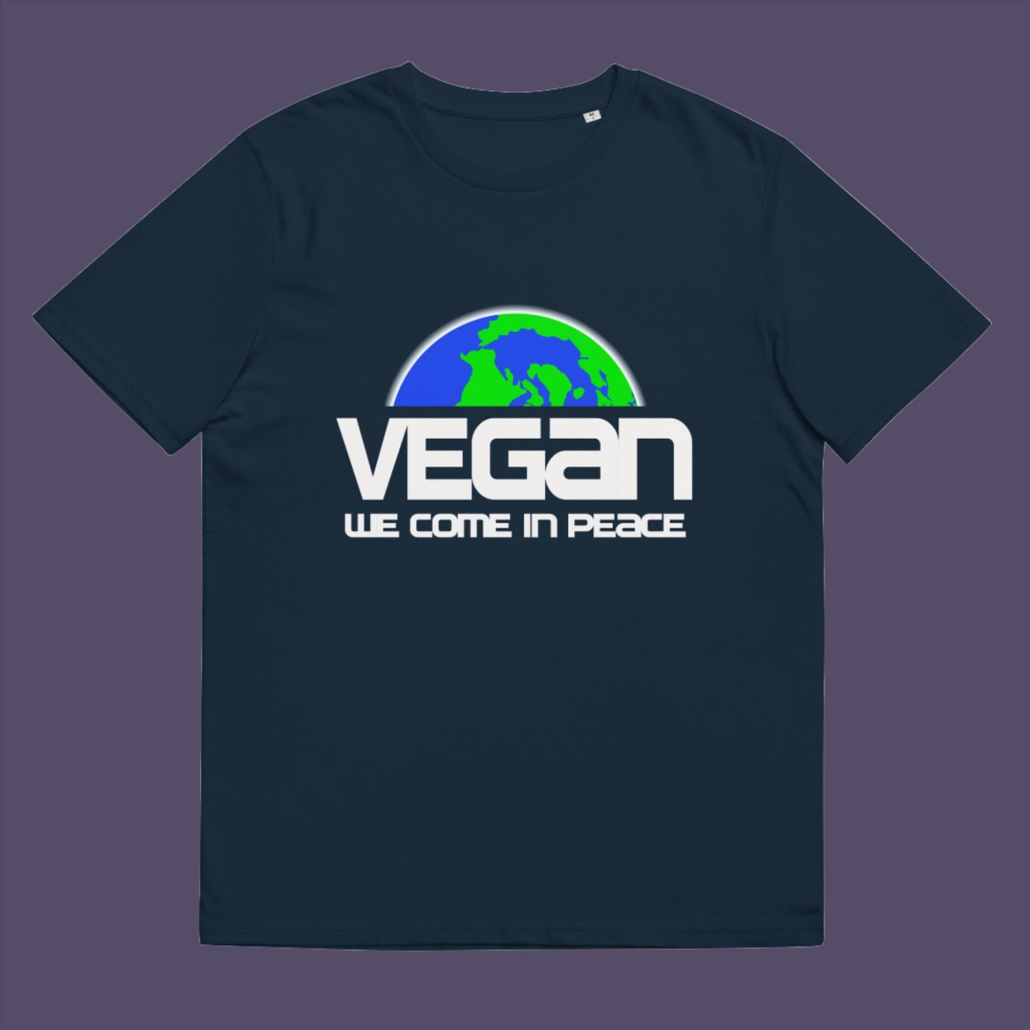 French navy t-shirt.  This vegan dairy free t shirt design is for any vegan who feels like they are seen as an alien by others. Reassure people that you are a peaceful creature and want to save the planet. Made from 100% organic ring-spun cotton, this plant based meat free t shirt is unisex, high-quality, super comfy, and best of all, eco-friendly.