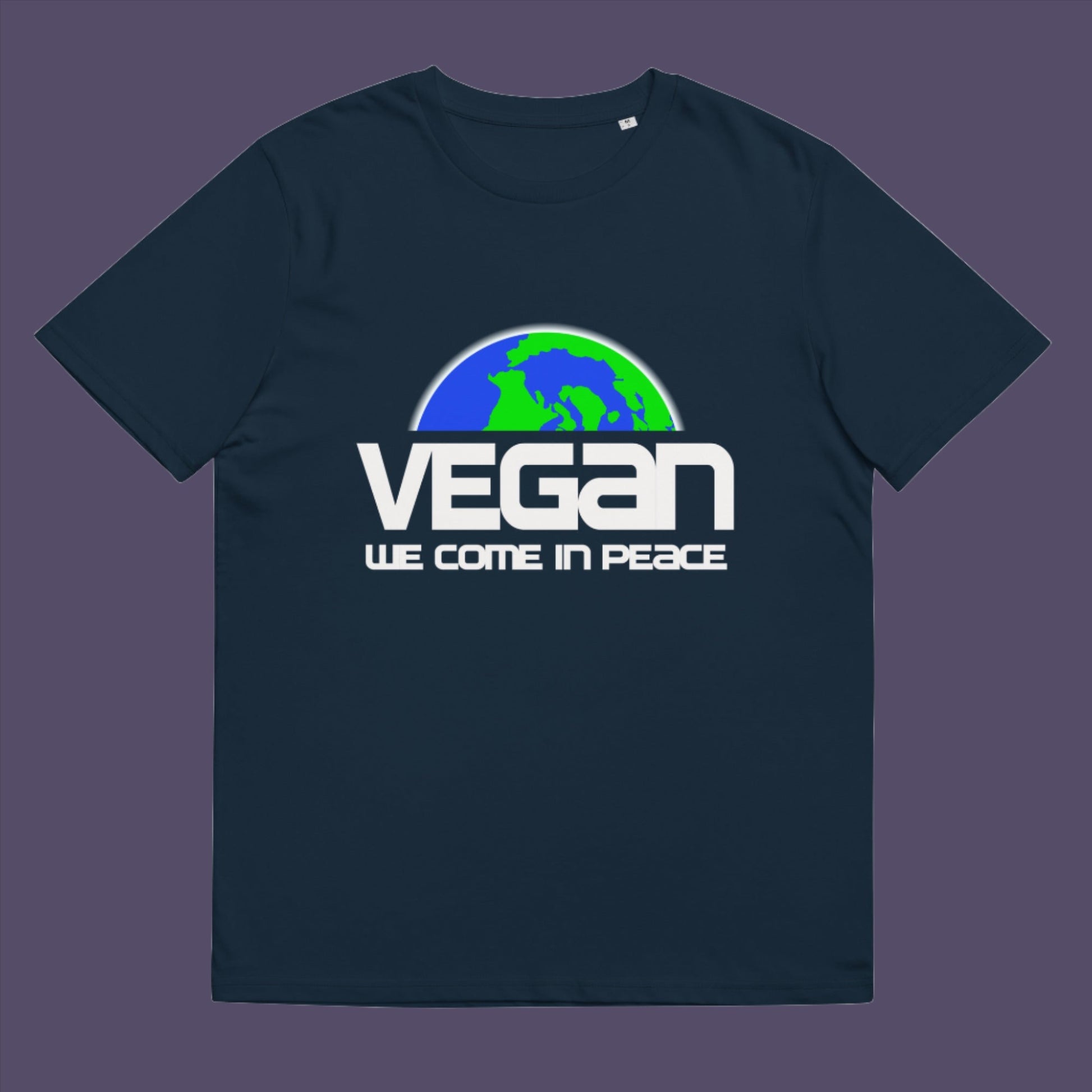 French navy t-shirt.  This vegan dairy free t shirt design is for any vegan who feels like they are seen as an alien by others. Reassure people that you are a peaceful creature and want to save the planet. Made from 100% organic ring-spun cotton, this plant based meat free t shirt is unisex, high-quality, super comfy, and best of all, eco-friendly.