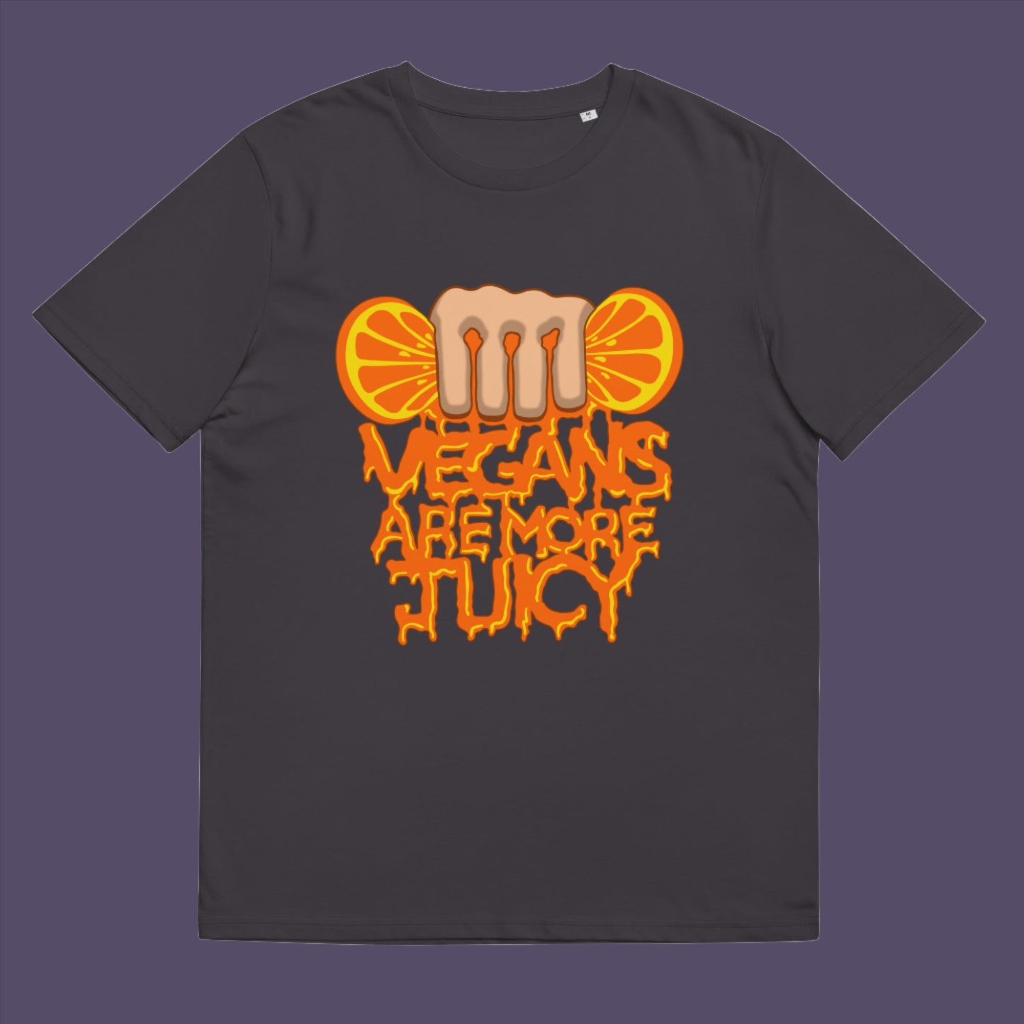 Anthracite t-shirt. A plant based meat free t shirt design suggesting vegans drink more juices than most. Made from 100% organic ring-spun cotton, this vegan dairy free t shirt is unisex, high-quality, super comfy, and best of all, eco-friendly.