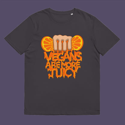 Anthracite t-shirt. A plant based meat free t shirt design suggesting vegans drink more juices than most. Made from 100% organic ring-spun cotton, this vegan dairy free t shirt is unisex, high-quality, super comfy, and best of all, eco-friendly.